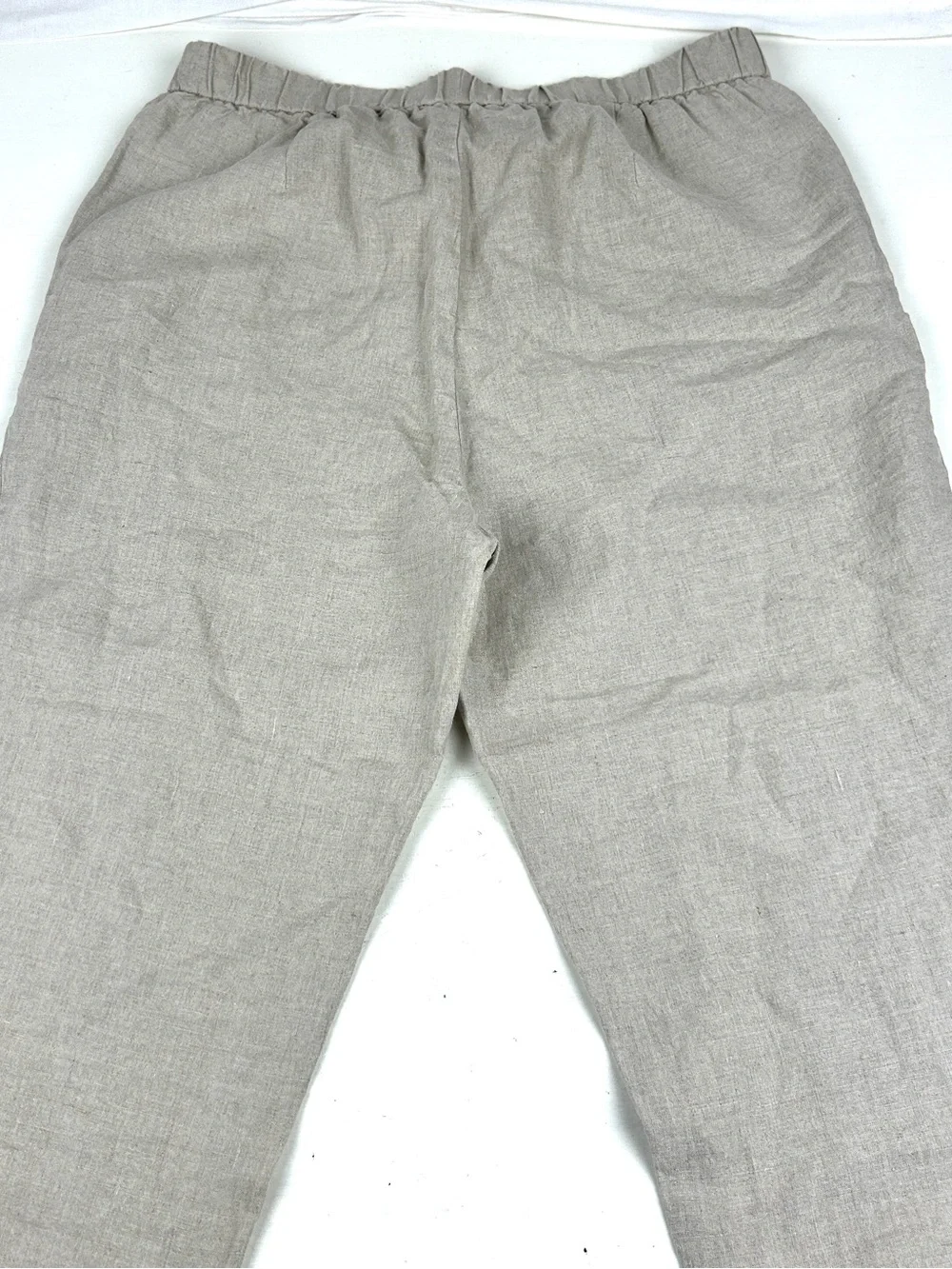 Eileen Fisher Womens Sz PL 100% Organic Linen Beige Pants Elastic Waist Tapered